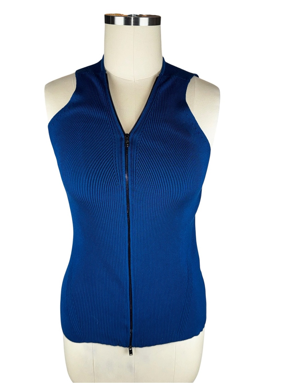 DKNY Womens L Ribbed Knit Top Blue Sleeveless Two Way Zip NWT